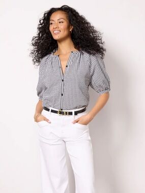 Evereve Black & White Gingham Button-Front Blouse